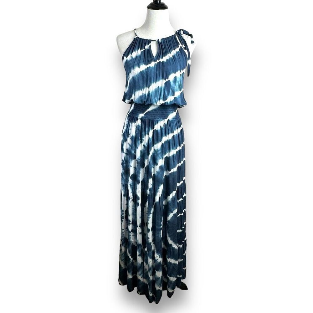 Promesa Women's M High Neck Tiered Maxi Dress Blue White Tie Dye Bohemian Beach